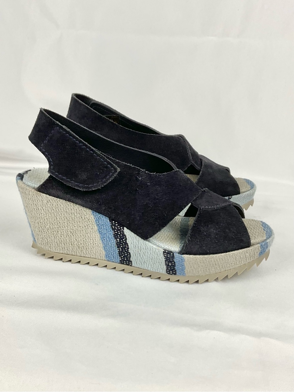 Pedro Garcia Navy Suede Wedge Sandals Fenen Espadrille Platform Sz 37.5